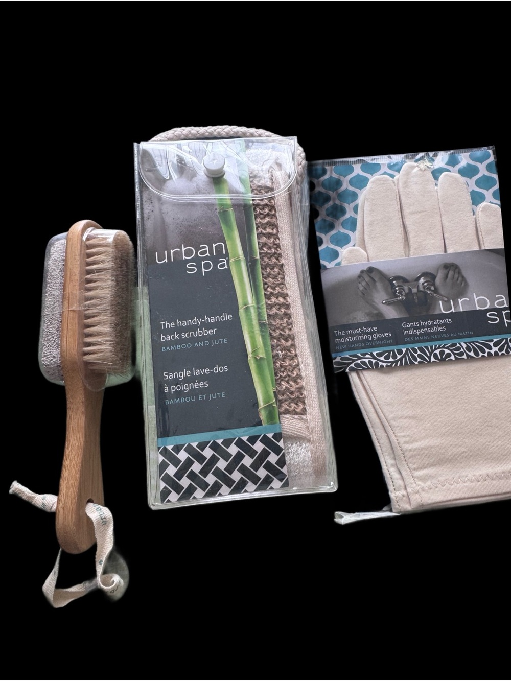 Urban Spa Bath Set including gloves, gel socks, scrubber and brush